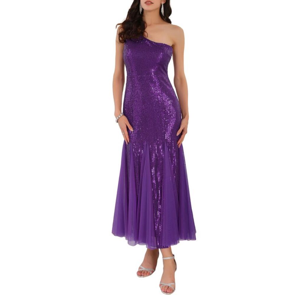 Sequin One Shoulder Cocktail Mermaid Long Formal Evening Gowns Dark Purple